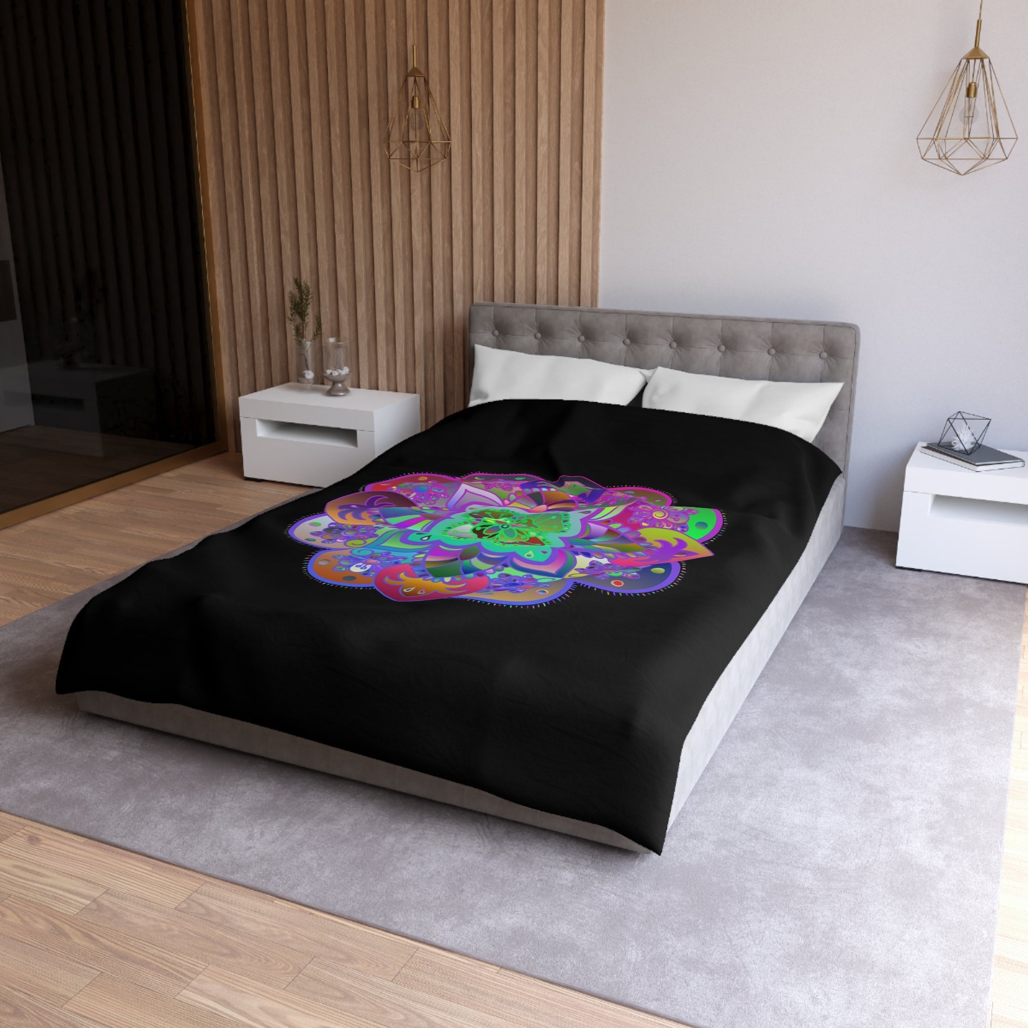 Microfiber Duvet Cover Mandala Art Drawn by Hand - Colorful Mandala on Black background - Blululi