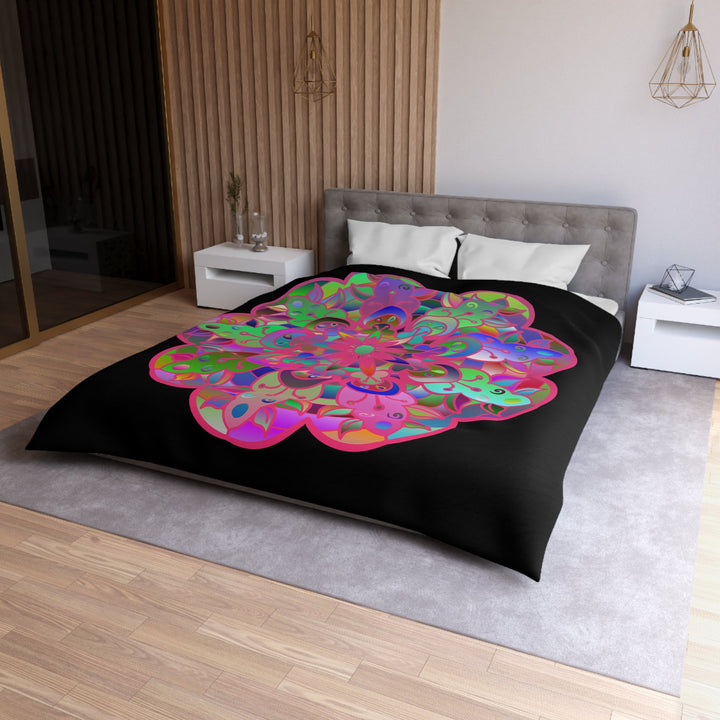 Microfiber Duvet Cover Mandala Art Drawn by Hand - Colorful Mandala on Black background - Blululi