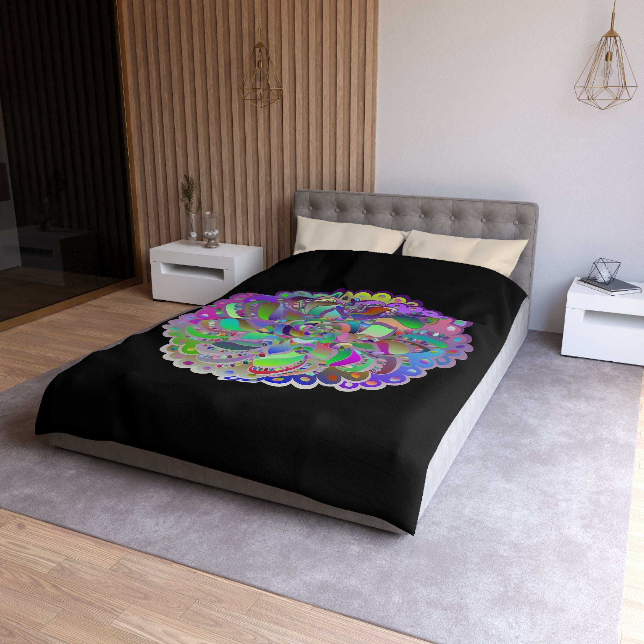 Microfiber Duvet Cover Mandala Art Drawn by Hand - Colorful Mandala on Black background - Blululi