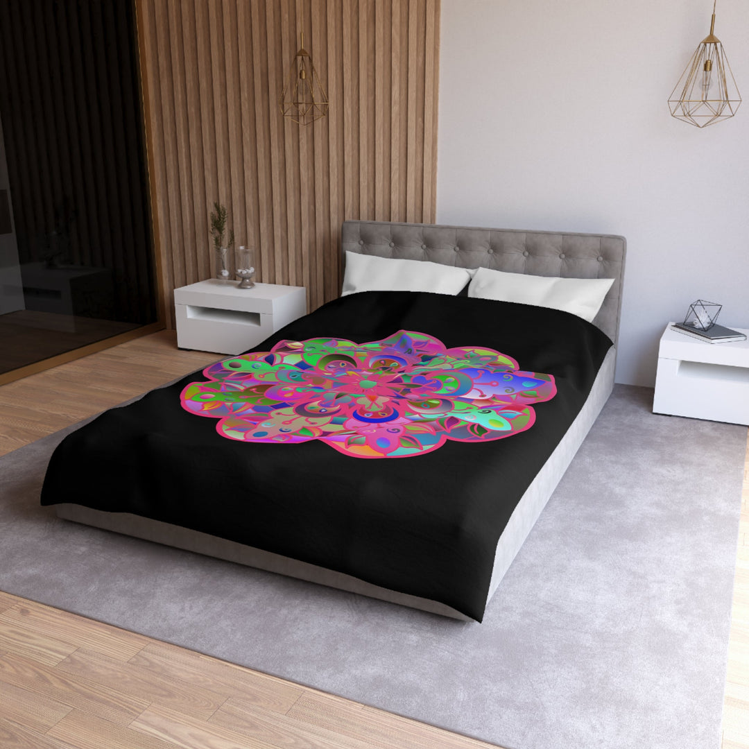 Microfiber Duvet Cover Mandala Art Drawn by Hand - Colorful Mandala on Black background - Blululi