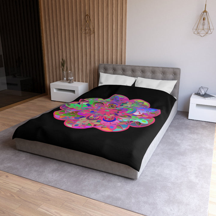 Microfiber Duvet Cover Mandala Art Drawn by Hand - Colorful Mandala on Black background - Blululi