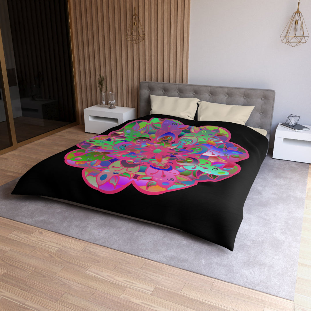 Microfiber Duvet Cover Mandala Art Drawn by Hand - Colorful Mandala on Black background - Blululi