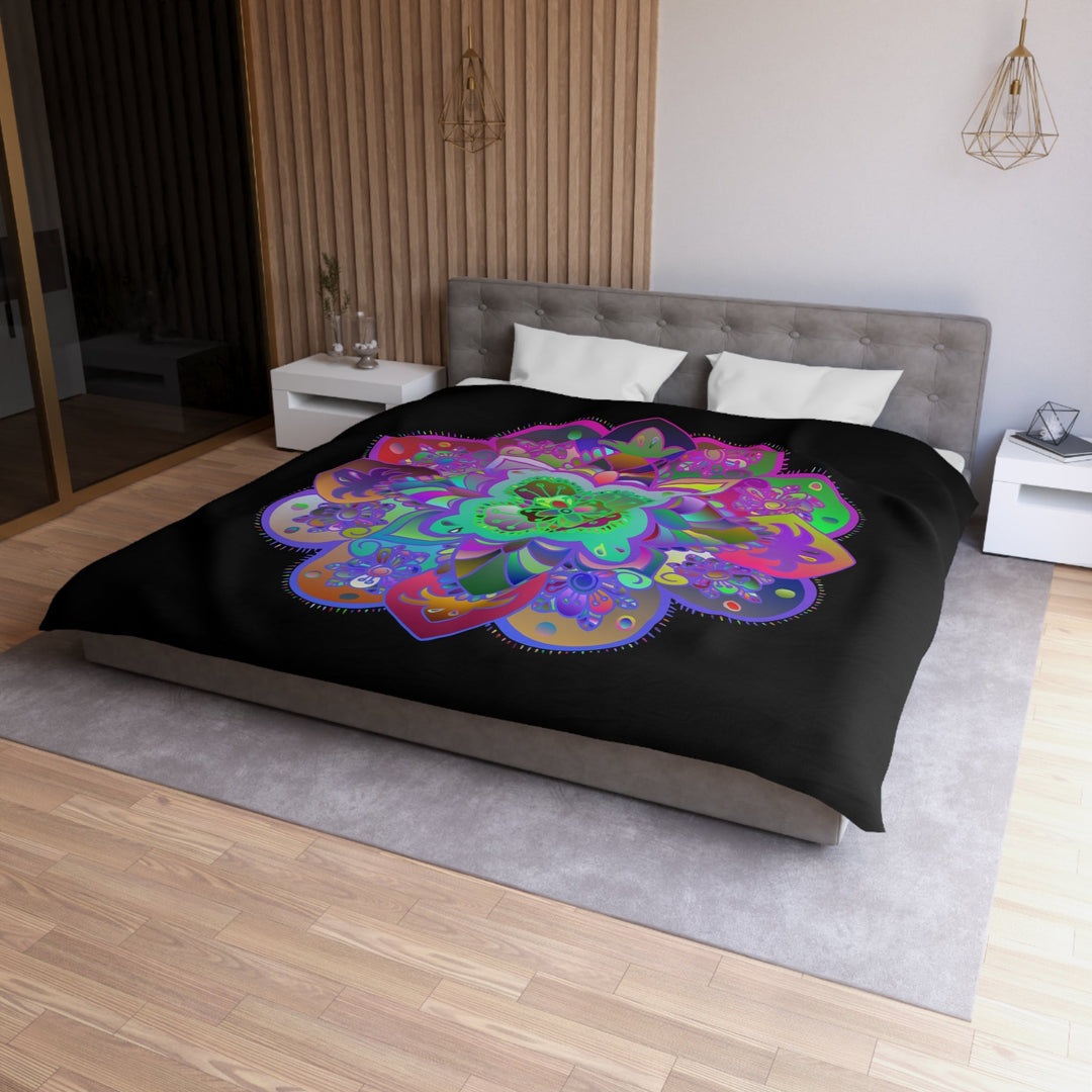 Microfiber Duvet Cover Mandala Art Drawn by Hand - Colorful Mandala on Black background - Blululi