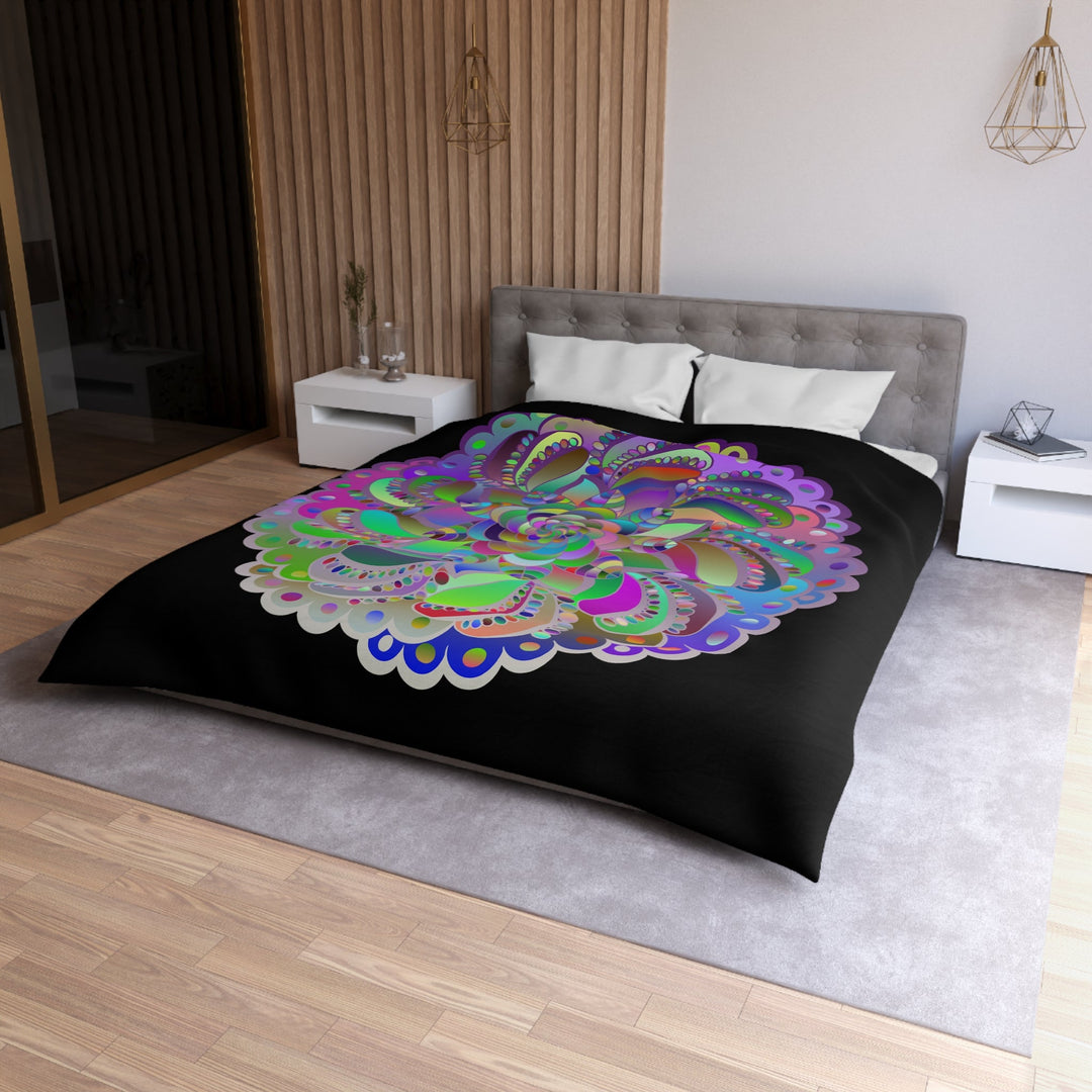 Microfiber Duvet Cover Mandala Art Drawn by Hand - Colorful Mandala on Black background - Blululi