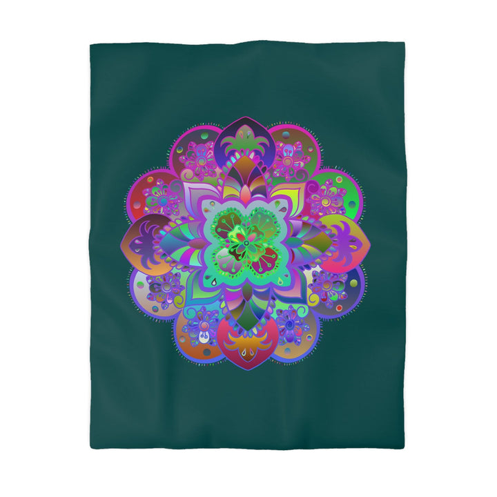 Microfiber Duvet Cover Mandala Art Drawn by Hand - Colorful Mandala on Dark Petroleum Green background - Blululi