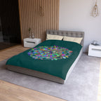 Microfiber Duvet Cover Mandala Art Drawn by Hand - Colorful Mandala on Dark Petroleum Green background - Blululi