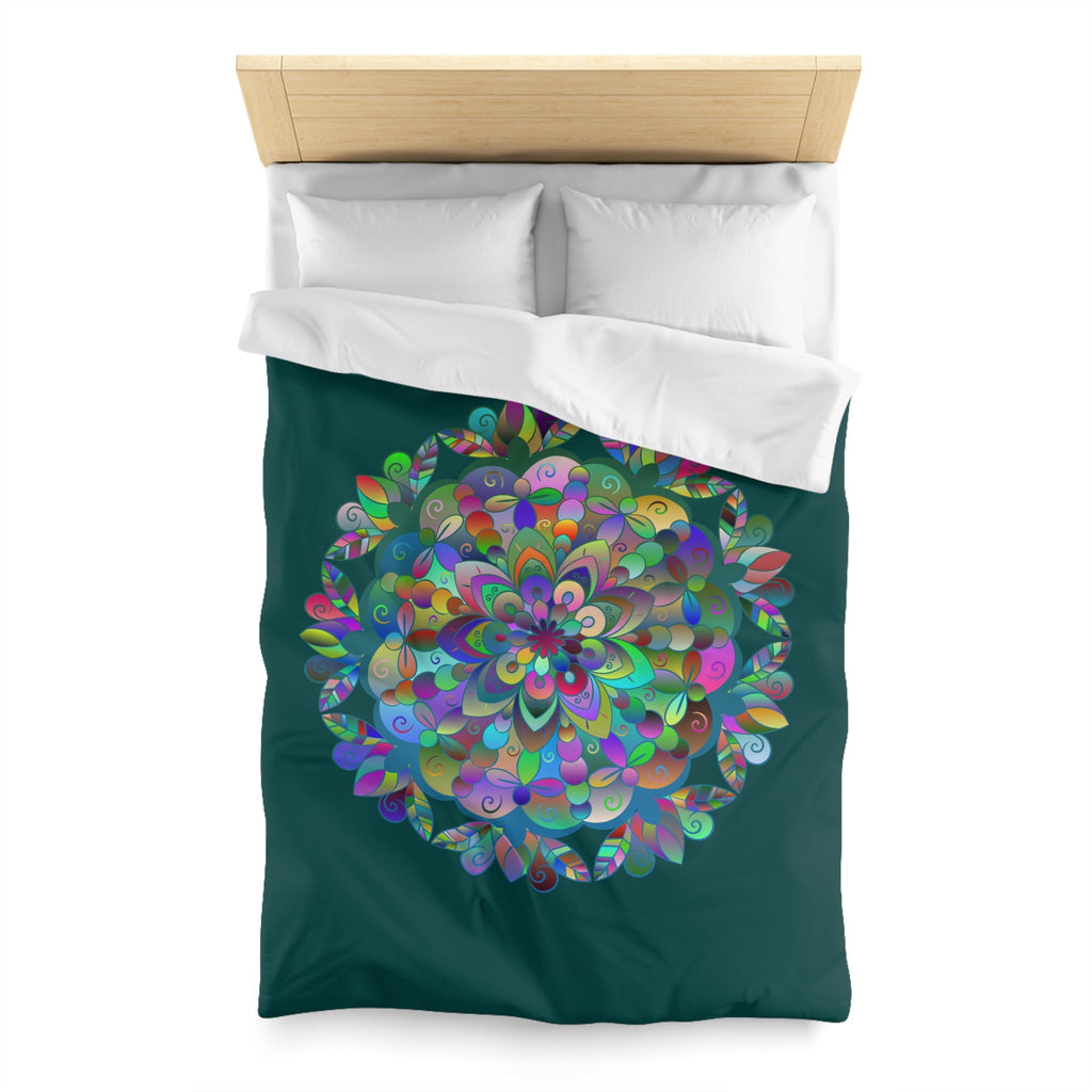 Microfiber Duvet Cover Mandala Art Drawn by Hand - Colorful Mandala on Dark Petroleum Green background - Blululi