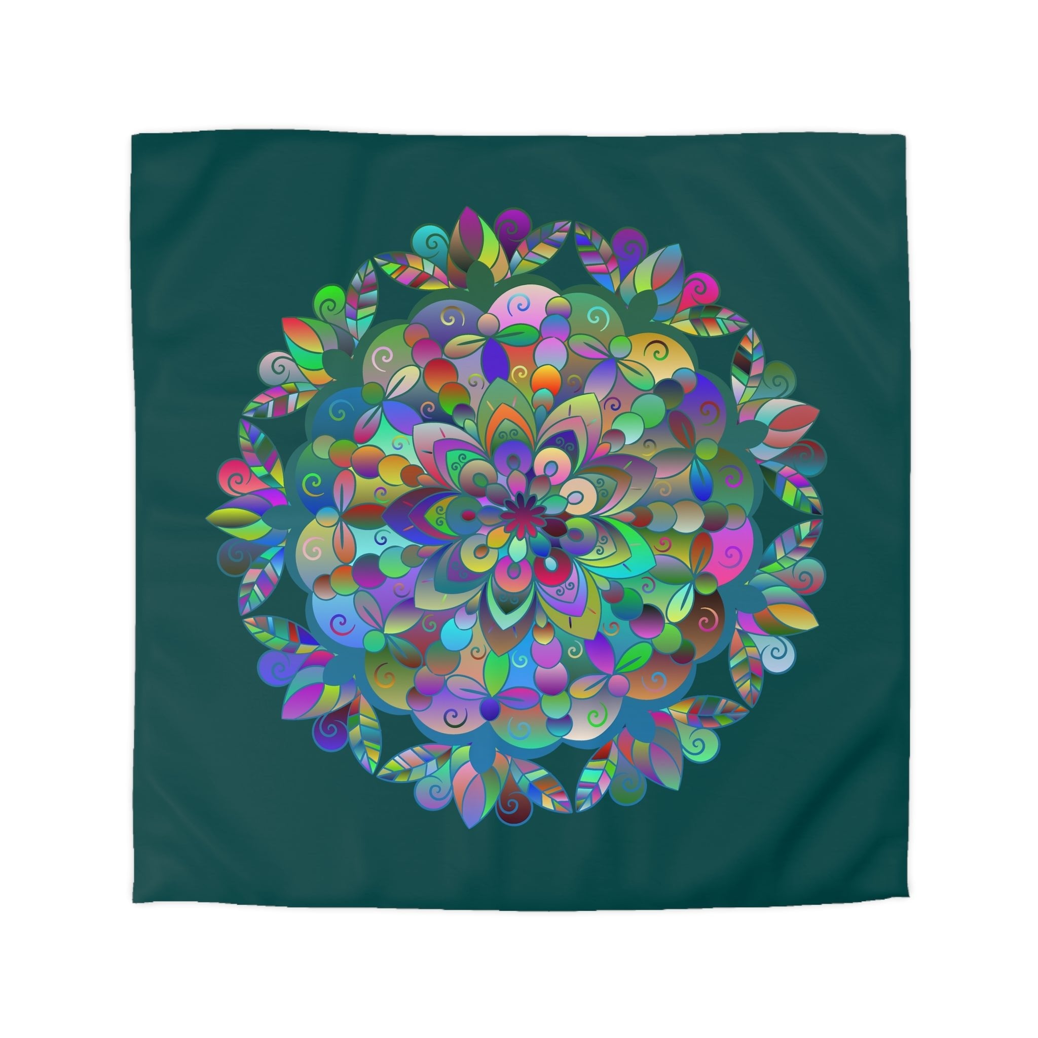 Microfiber Duvet Cover Mandala Art Drawn by Hand - Colorful Mandala on Dark Petroleum Green background - Blululi