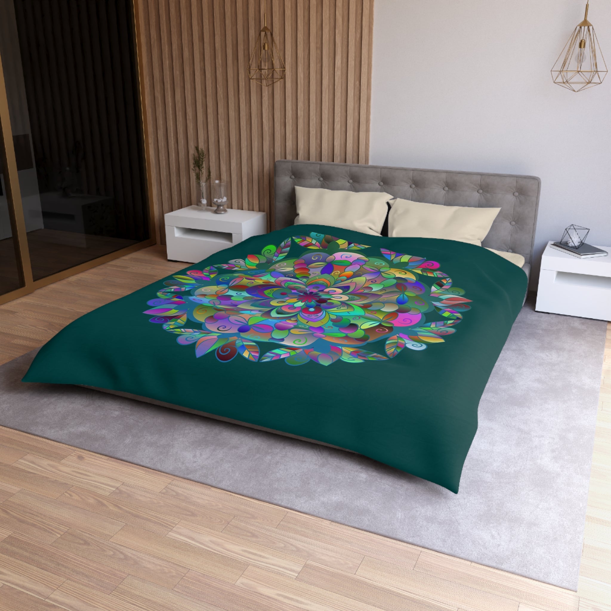 Microfiber Duvet Cover Mandala Art Drawn by Hand - Colorful Mandala on Dark Petroleum Green background - Blululi