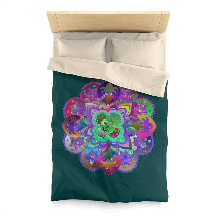 Microfiber Duvet Cover Mandala Art Drawn by Hand - Colorful Mandala on Dark Petroleum Green background - Blululi