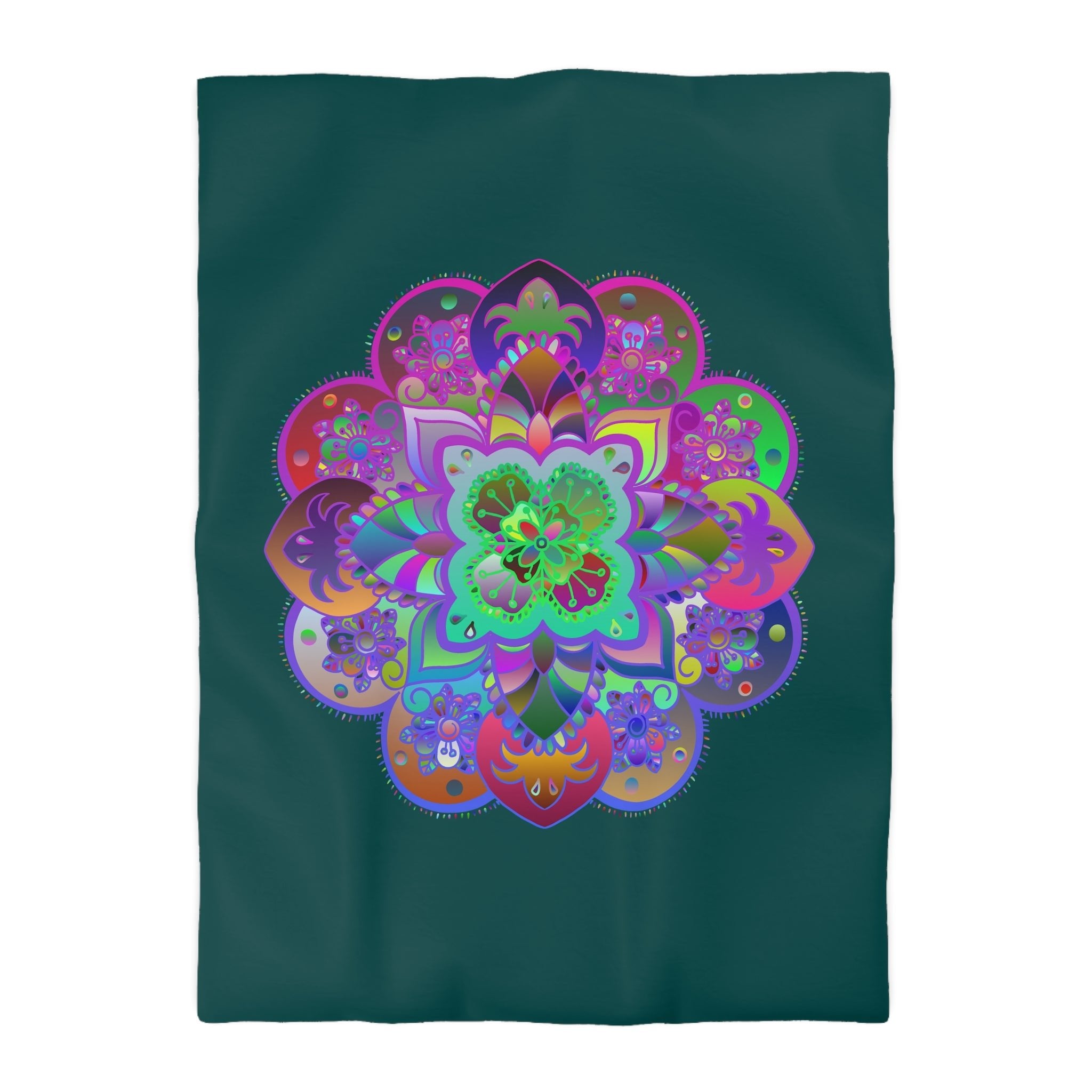 Microfiber Duvet Cover Mandala Art Drawn by Hand - Colorful Mandala on Dark Petroleum Green background - Blululi