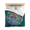 Microfiber Duvet Cover Mandala Art Drawn by Hand - Colorful Mandala on Dark Petroleum Green background - Blululi