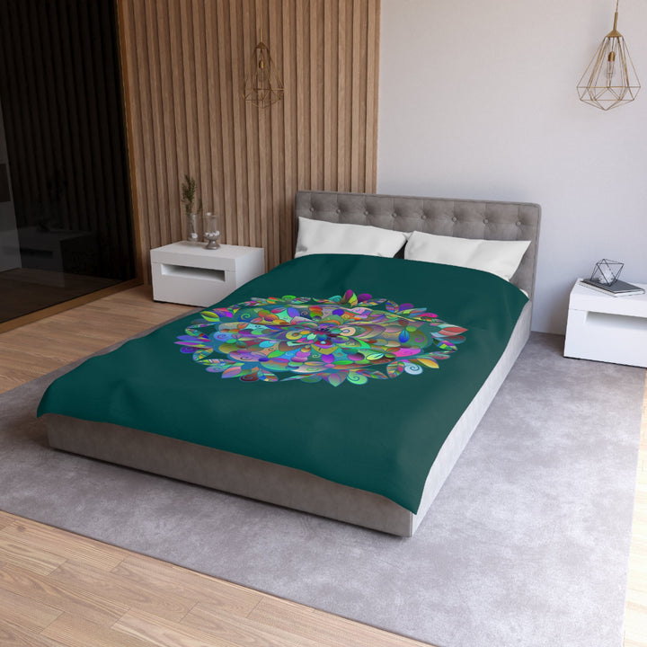 Microfiber Duvet Cover Mandala Art Drawn by Hand - Colorful Mandala on Dark Petroleum Green background - Blululi