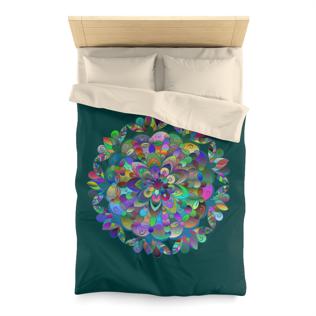 Microfiber Duvet Cover Mandala Art Drawn by Hand - Colorful Mandala on Dark Petroleum Green background - Blululi