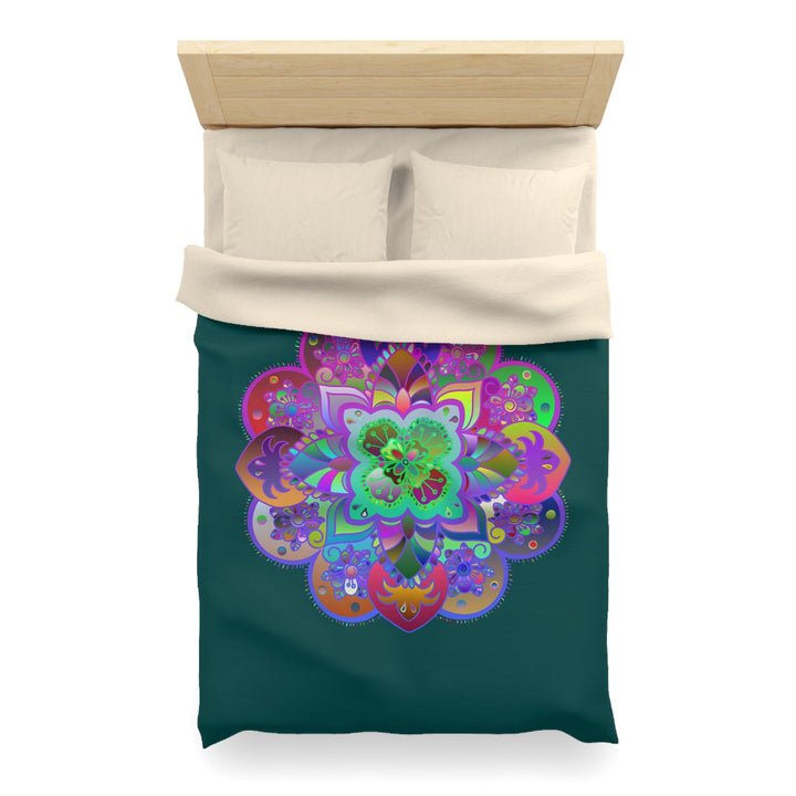 Microfiber Duvet Cover Mandala Art Drawn by Hand - Colorful Mandala on Dark Petroleum Green background - Blululi