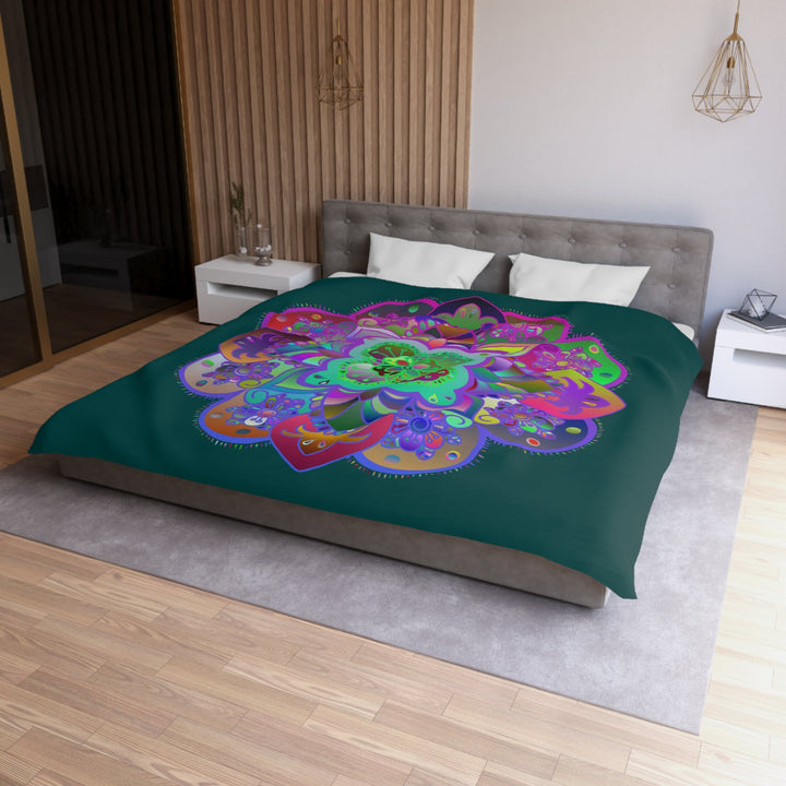 Microfiber Duvet Cover Mandala Art Drawn by Hand - Colorful Mandala on Dark Petroleum Green background - Blululi