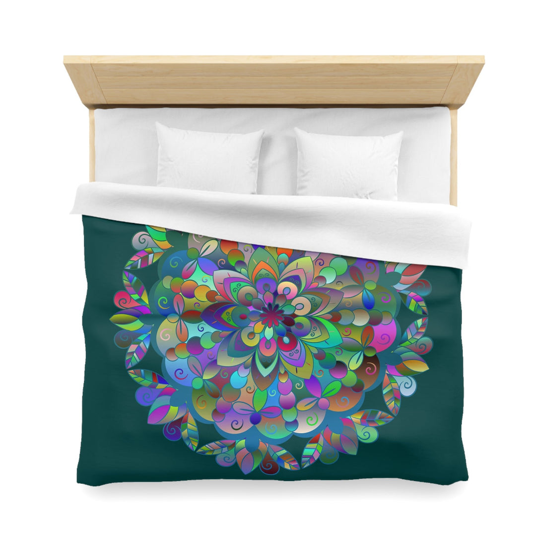 Microfiber Duvet Cover Mandala Art Drawn by Hand - Colorful Mandala on Dark Petroleum Green background - Blululi