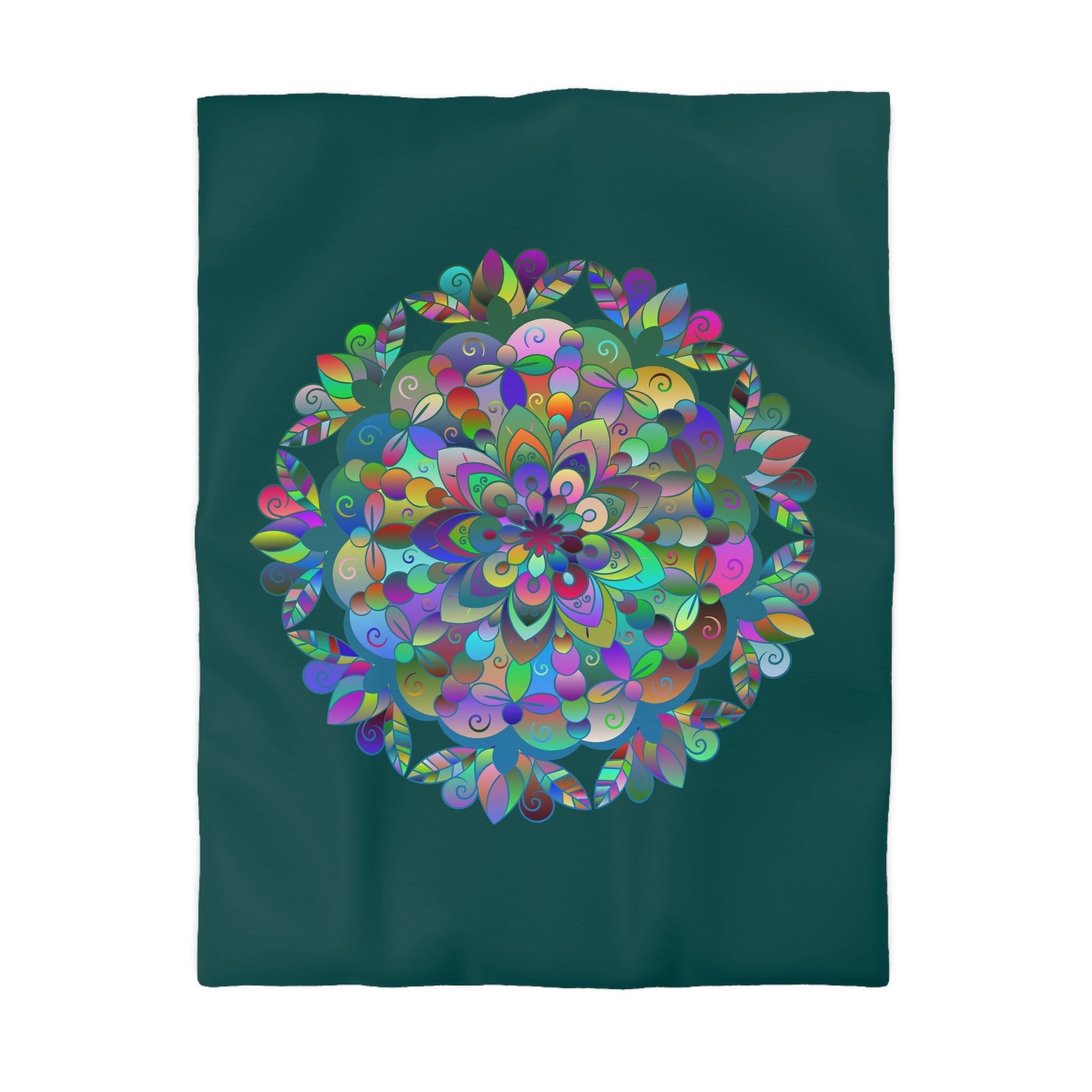 Microfiber Duvet Cover Mandala Art Drawn by Hand - Colorful Mandala on Dark Petroleum Green background - Blululi