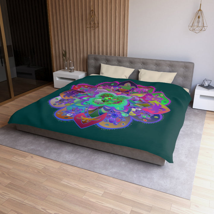 Microfiber Duvet Cover Mandala Art Drawn by Hand - Colorful Mandala on Dark Petroleum Green background - Blululi