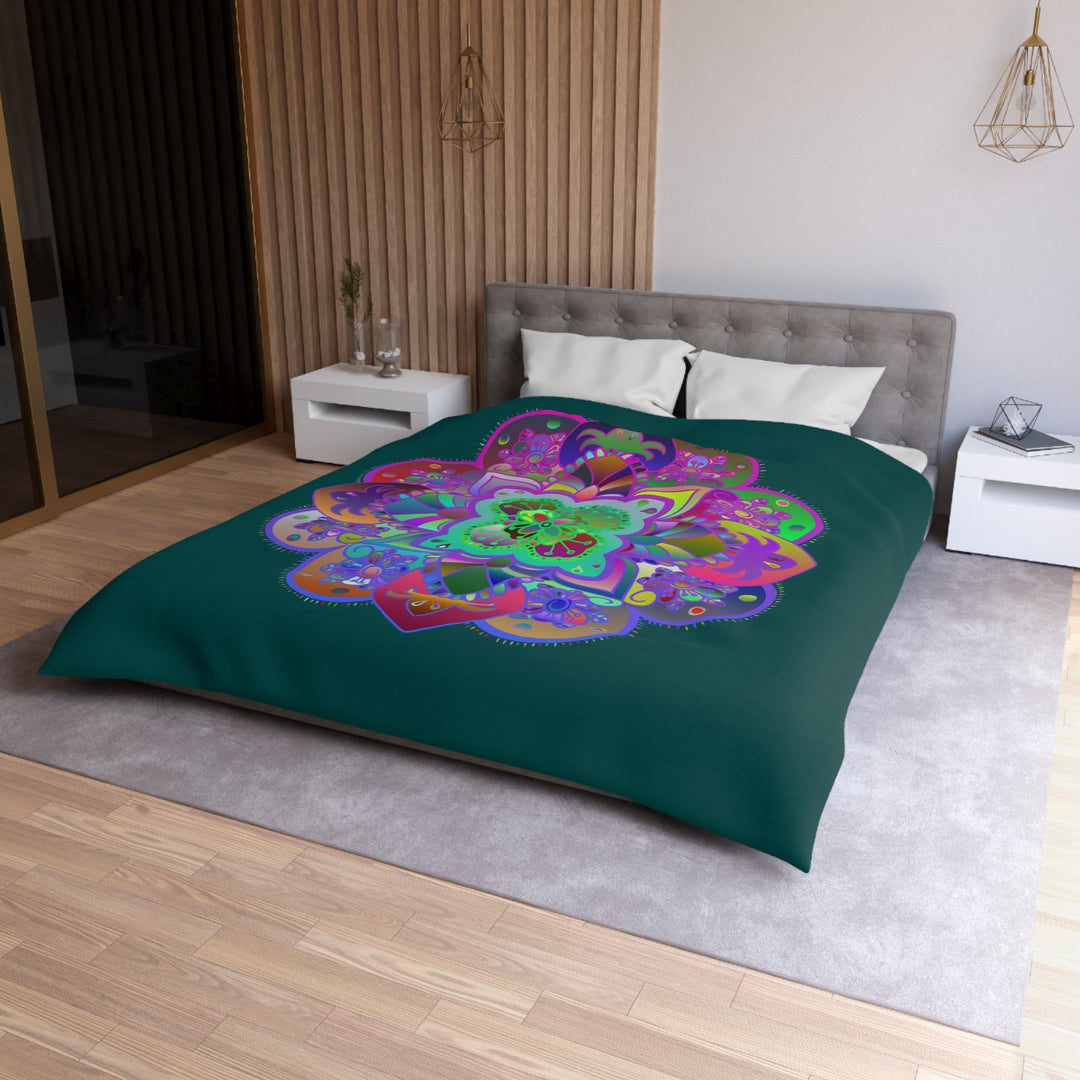 Microfiber Duvet Cover Mandala Art Drawn by Hand - Colorful Mandala on Dark Petroleum Green background - Blululi