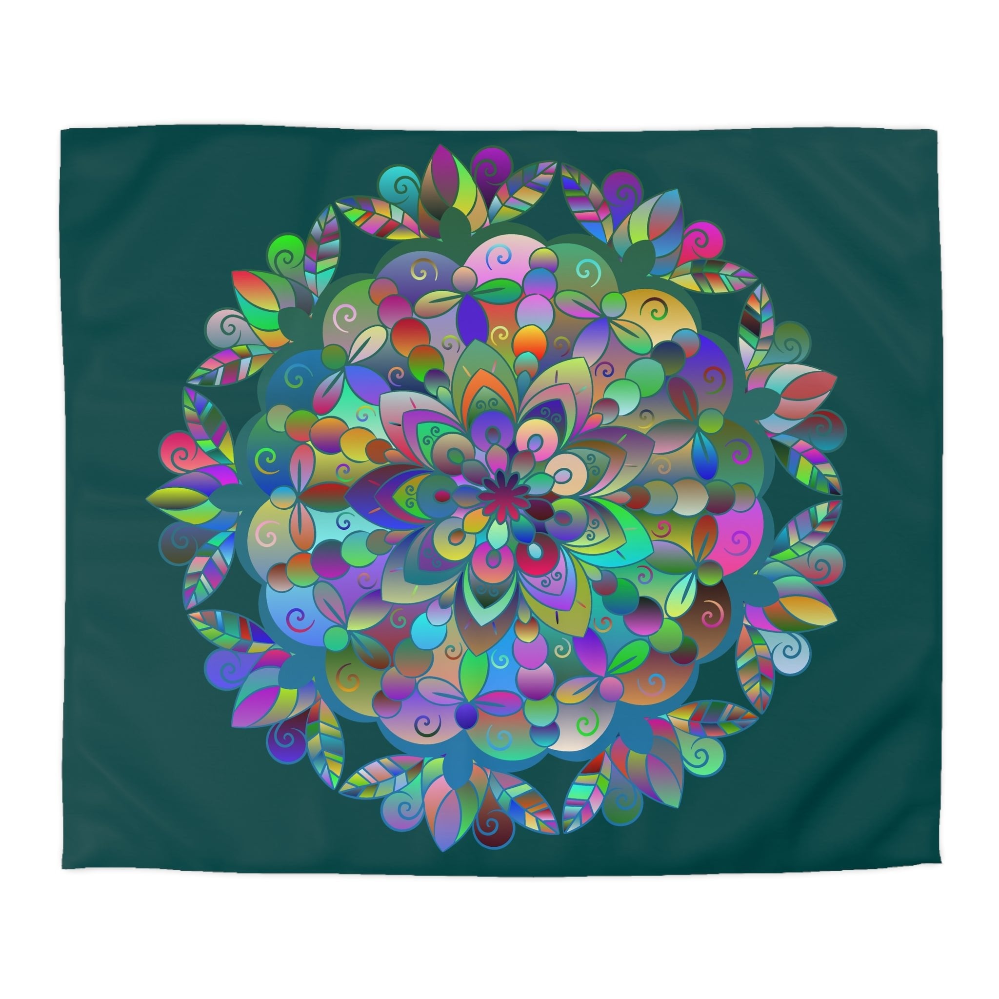 Microfiber Duvet Cover Mandala Art Drawn by Hand - Colorful Mandala on Dark Petroleum Green background - Blululi