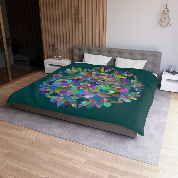 Microfiber Duvet Cover Mandala Art Drawn by Hand - Colorful Mandala on Dark Petroleum Green background - Blululi