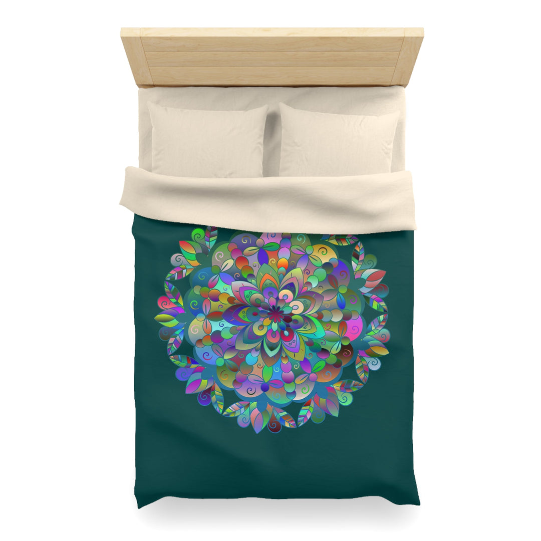 Microfiber Duvet Cover Mandala Art Drawn by Hand - Colorful Mandala on Dark Petroleum Green background - Blululi