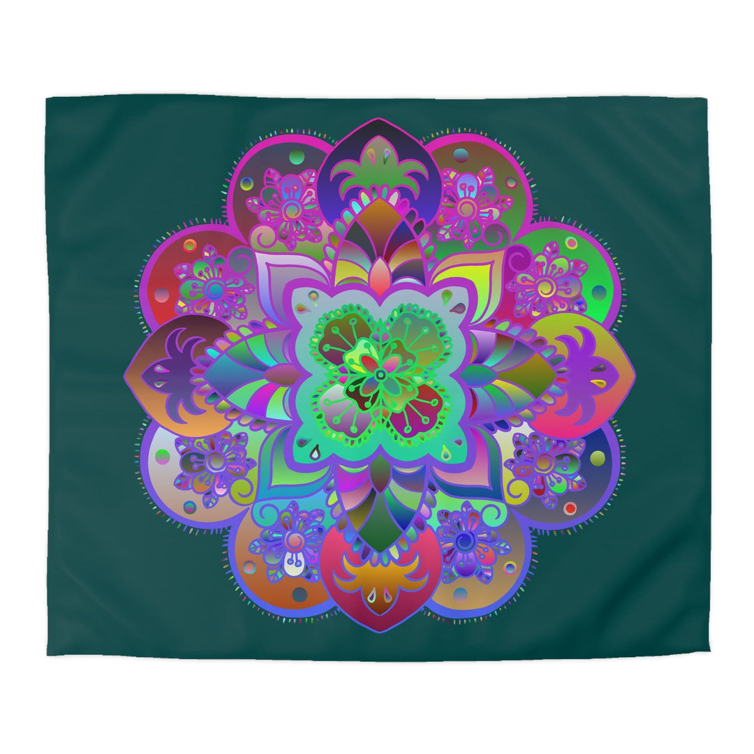 Microfiber Duvet Cover Mandala Art Drawn by Hand - Colorful Mandala on Dark Petroleum Green background - Blululi