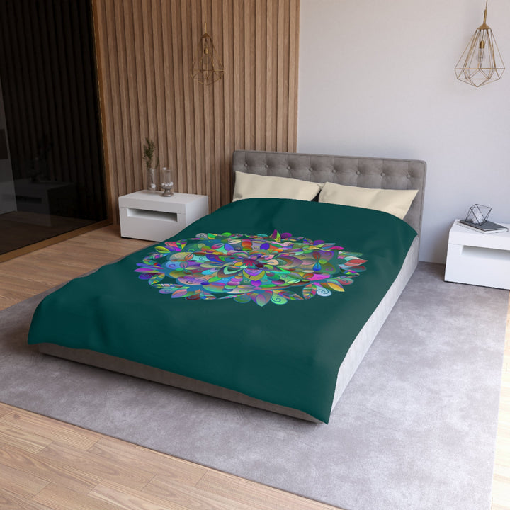 Microfiber Duvet Cover Mandala Art Drawn by Hand - Colorful Mandala on Dark Petroleum Green background - Blululi