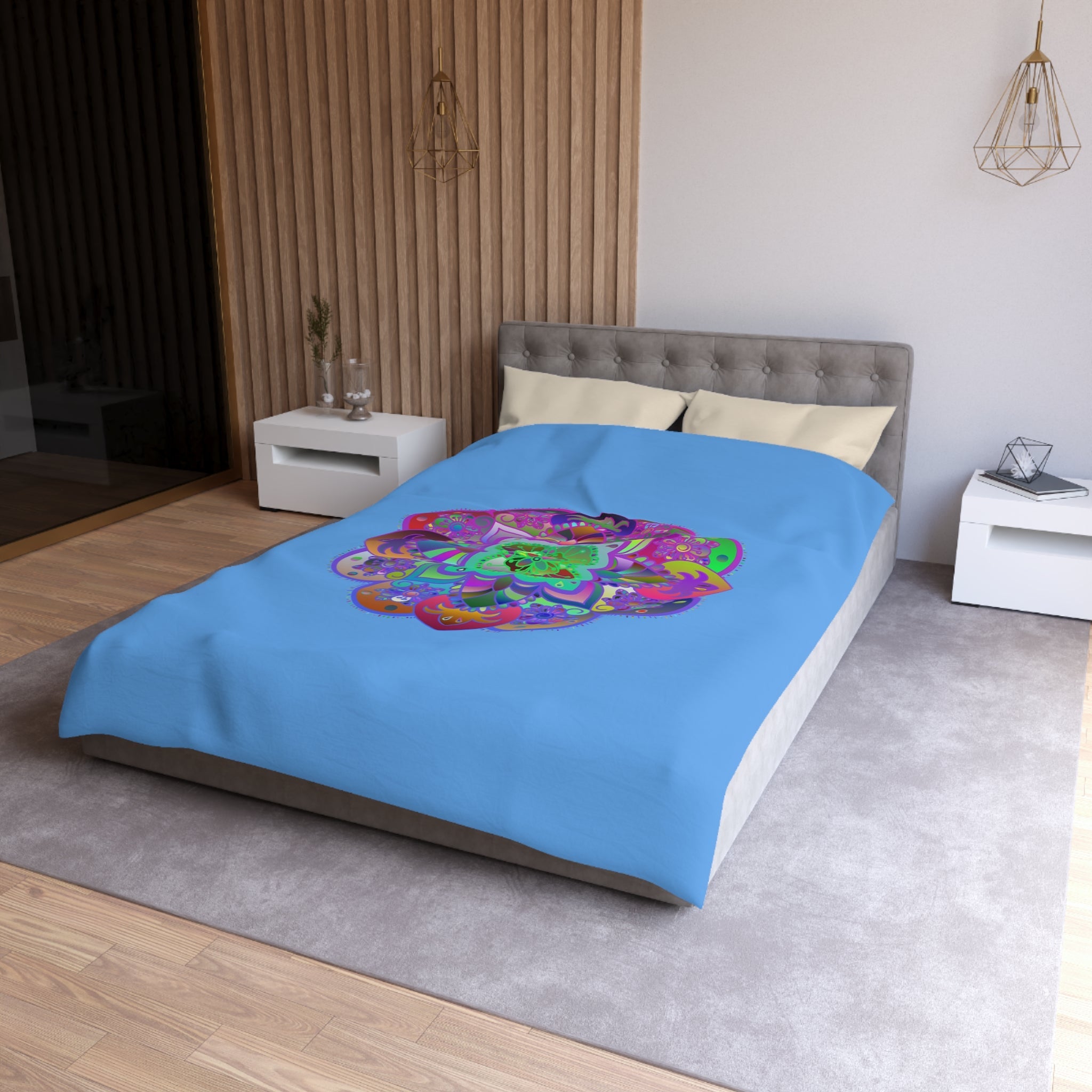 Microfiber Duvet Cover Mandala Art Drawn by Hand - Colorful Mandala on Light Blue background - Blululi