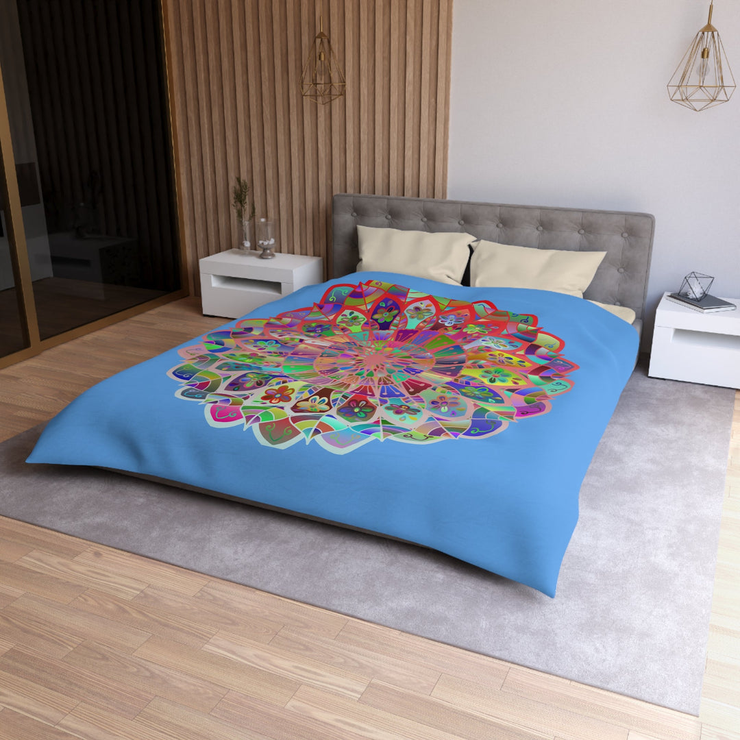 Microfiber Duvet Cover Mandala Art Drawn by Hand - Colorful Mandala on Light Blue background - Blululi