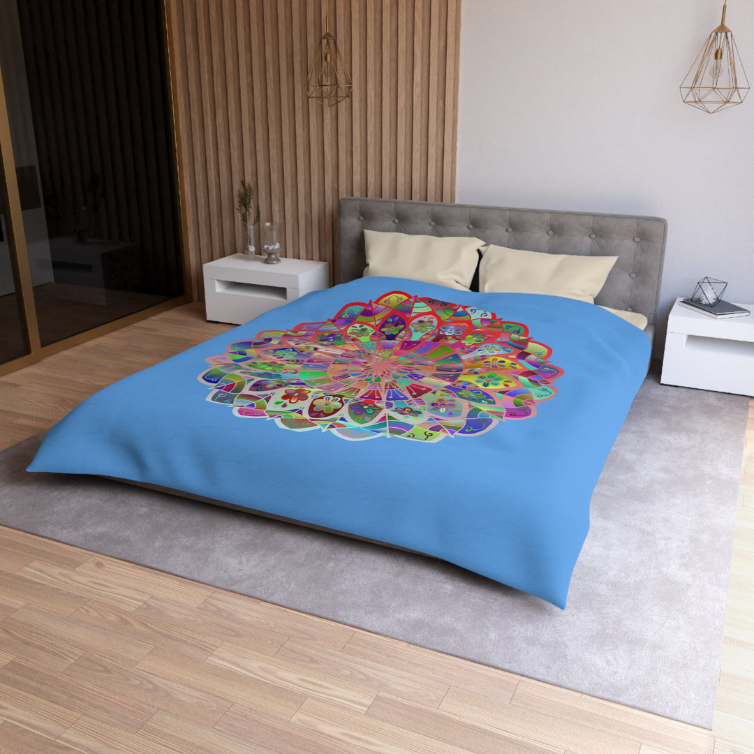 Microfiber Duvet Cover Mandala Art Drawn by Hand - Colorful Mandala on Light Blue background - Blululi