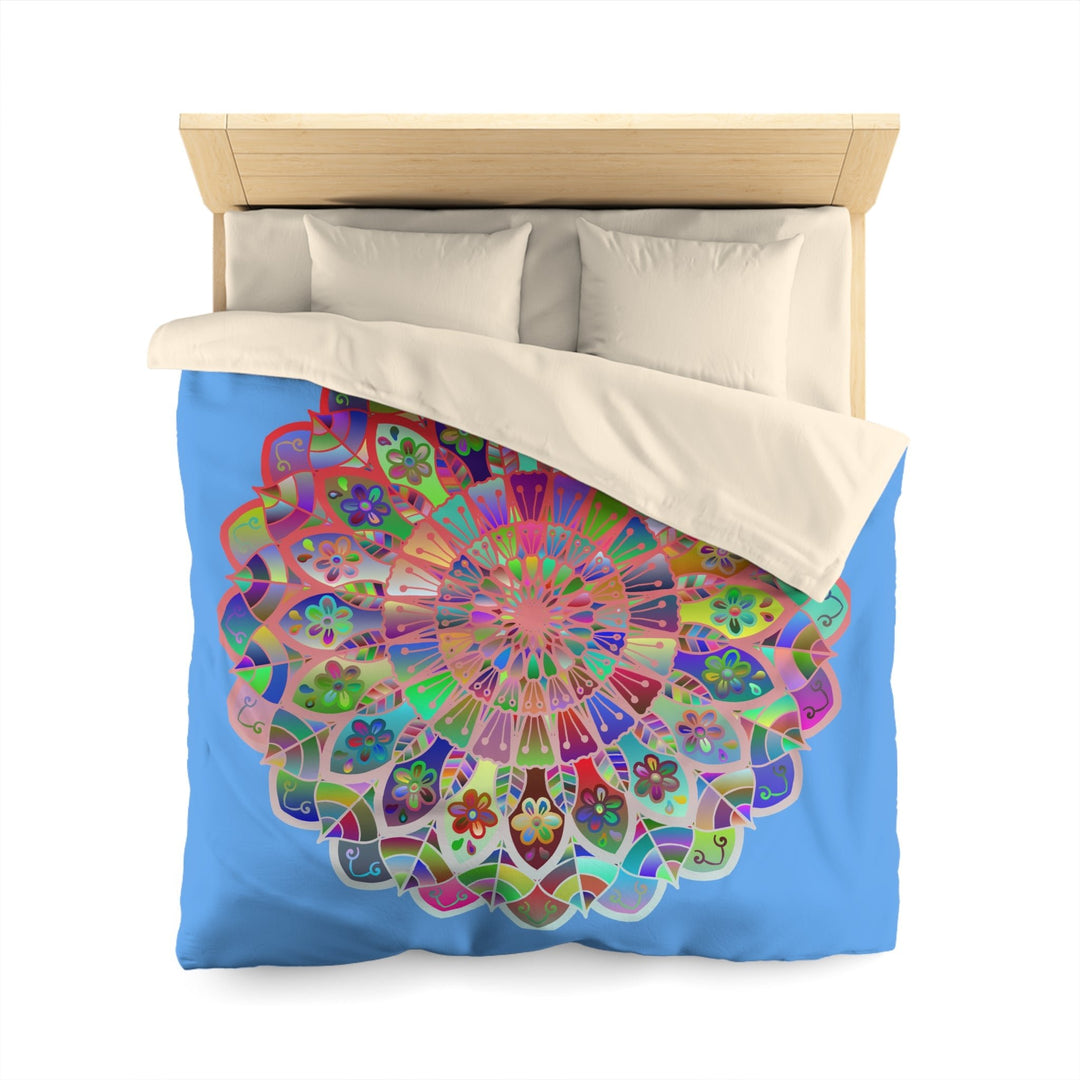 Microfiber Duvet Cover Mandala Art Drawn by Hand - Colorful Mandala on Light Blue background - Blululi