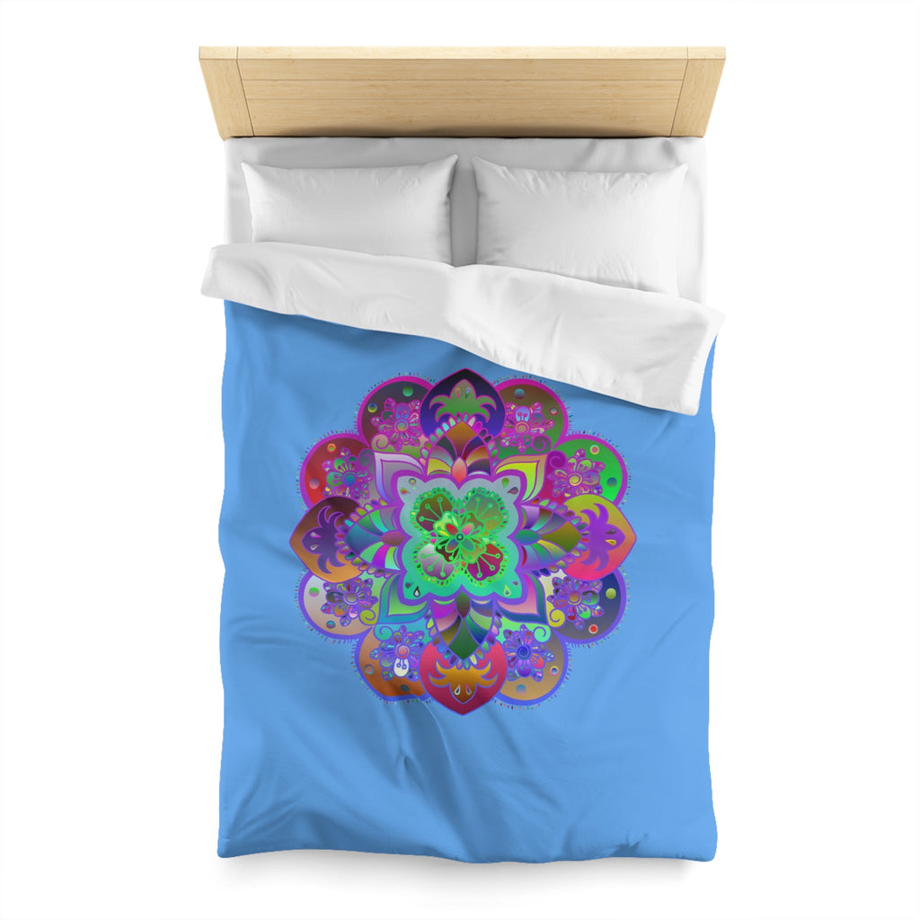 Microfiber Duvet Cover Mandala Art Drawn by Hand - Colorful Mandala on Light Blue background - Blululi