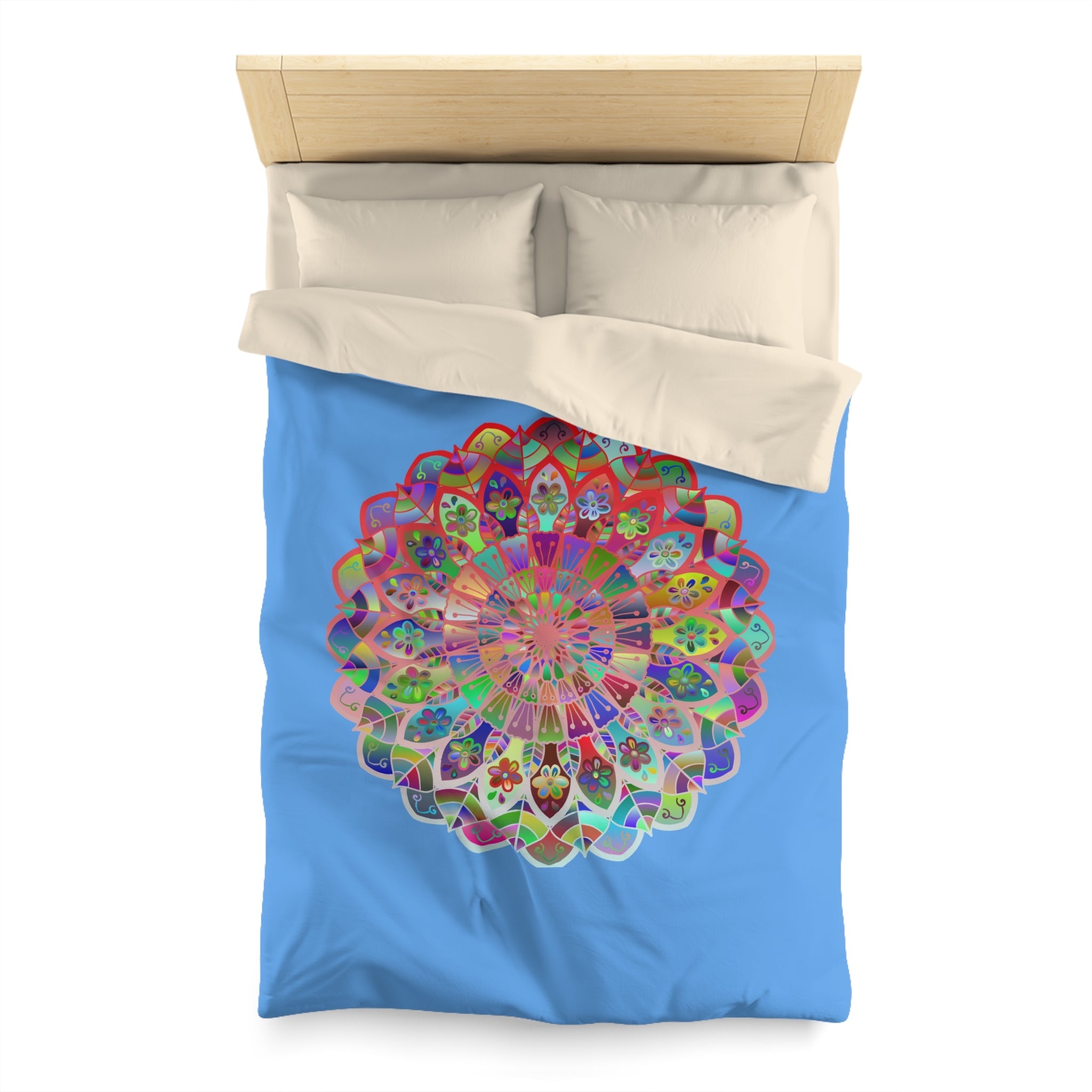 Microfiber Duvet Cover Mandala Art Drawn by Hand - Colorful Mandala on Light Blue background - Blululi