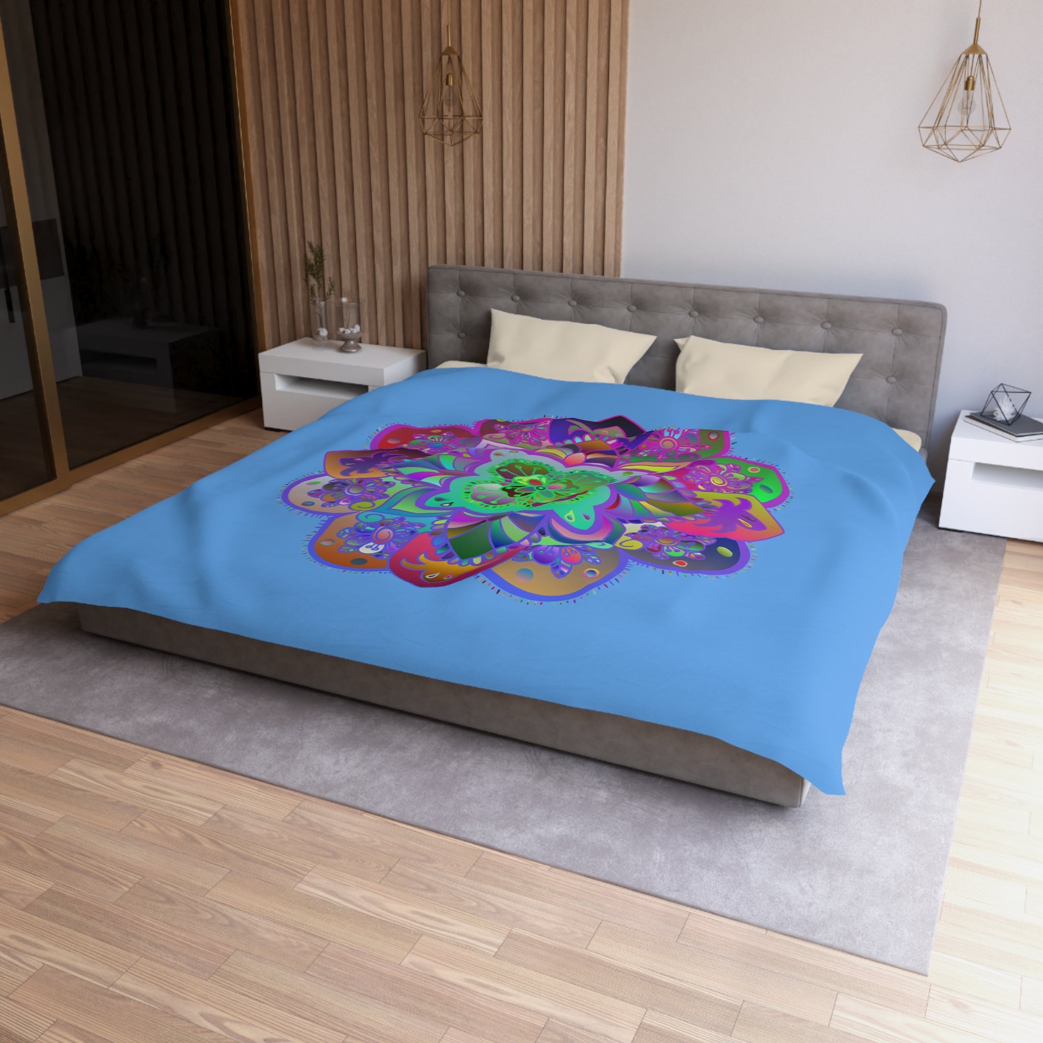 Microfiber Duvet Cover Mandala Art Drawn by Hand - Colorful Mandala on Light Blue background - Blululi