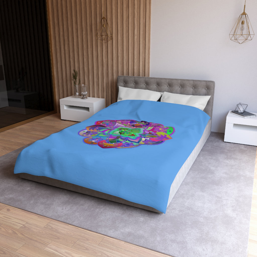 Microfiber Duvet Cover Mandala Art Drawn by Hand - Colorful Mandala on Light Blue background - Blululi