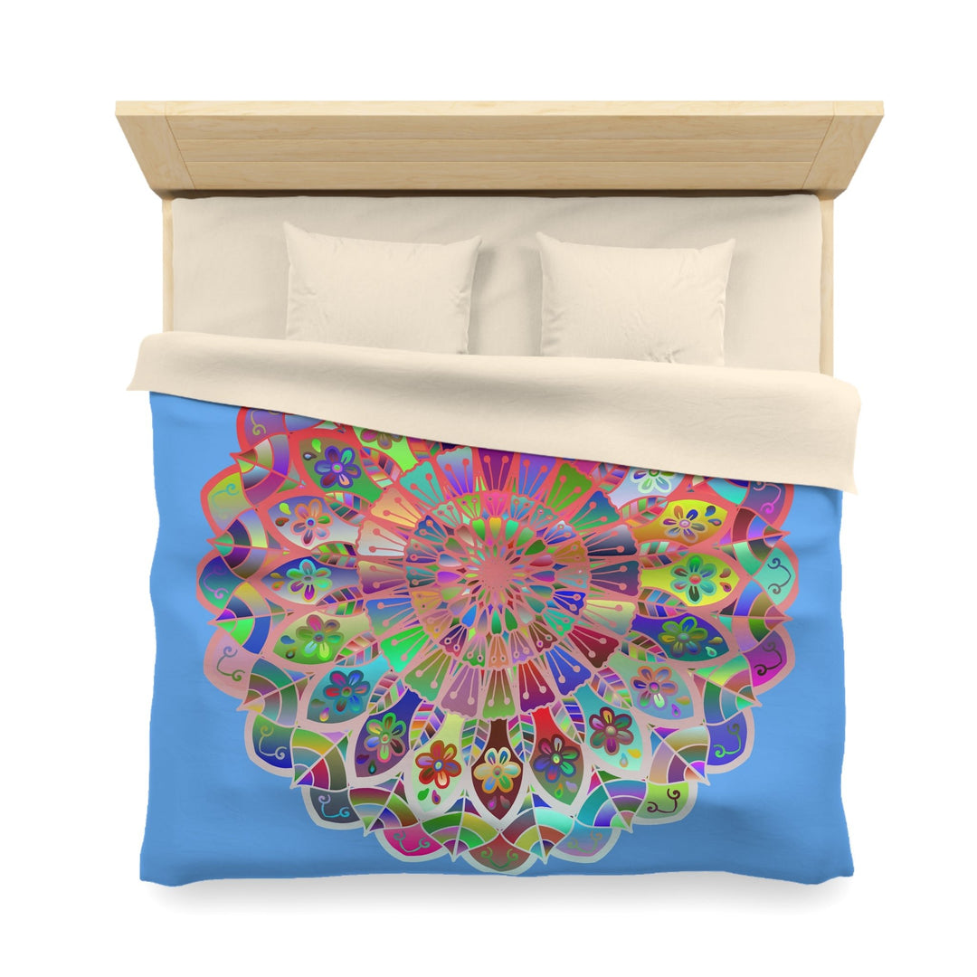 Microfiber Duvet Cover Mandala Art Drawn by Hand - Colorful Mandala on Light Blue background - Blululi