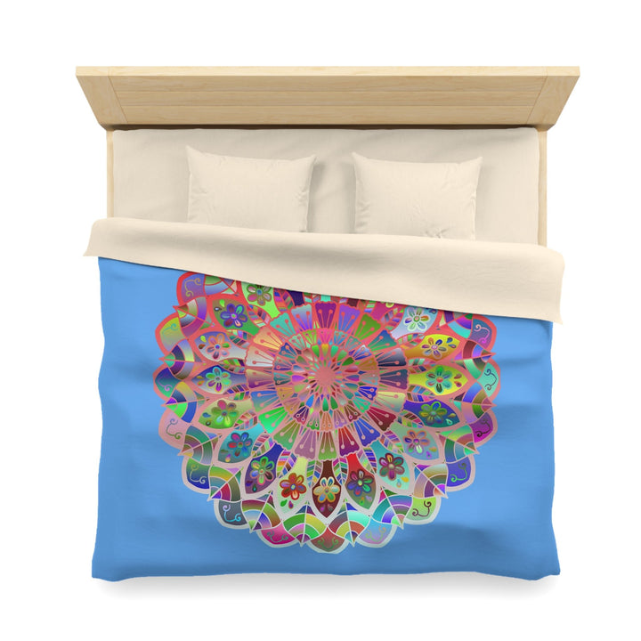 Microfiber Duvet Cover Mandala Art Drawn by Hand - Colorful Mandala on Light Blue background - Blululi