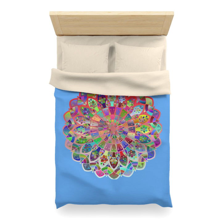 Microfiber Duvet Cover Mandala Art Drawn by Hand - Colorful Mandala on Light Blue background - Blululi