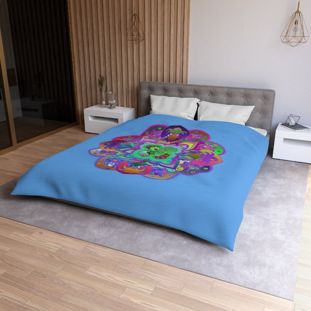 Microfiber Duvet Cover Mandala Art Drawn by Hand - Colorful Mandala on Light Blue background - Blululi