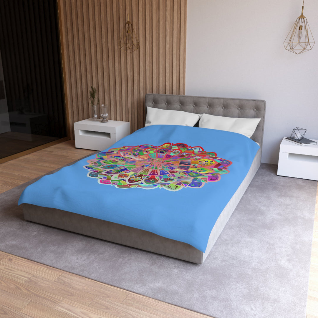 Microfiber Duvet Cover Mandala Art Drawn by Hand - Colorful Mandala on Light Blue background - Blululi