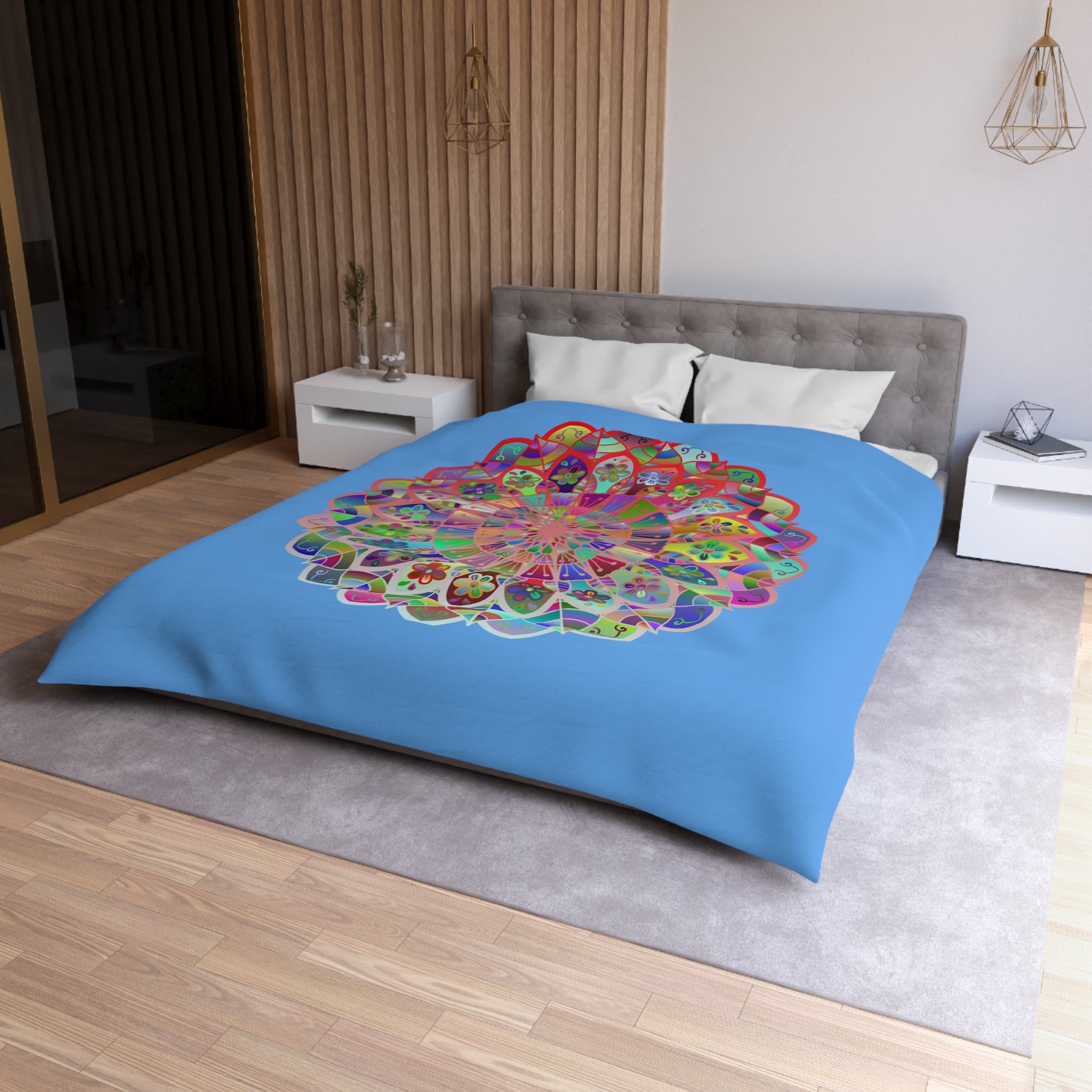 Microfiber Duvet Cover Mandala Art Drawn by Hand - Colorful Mandala on Light Blue background - Blululi