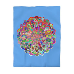 Microfiber Duvet Cover Mandala Art Drawn by Hand - Colorful Mandala on Light Blue background - Blululi
