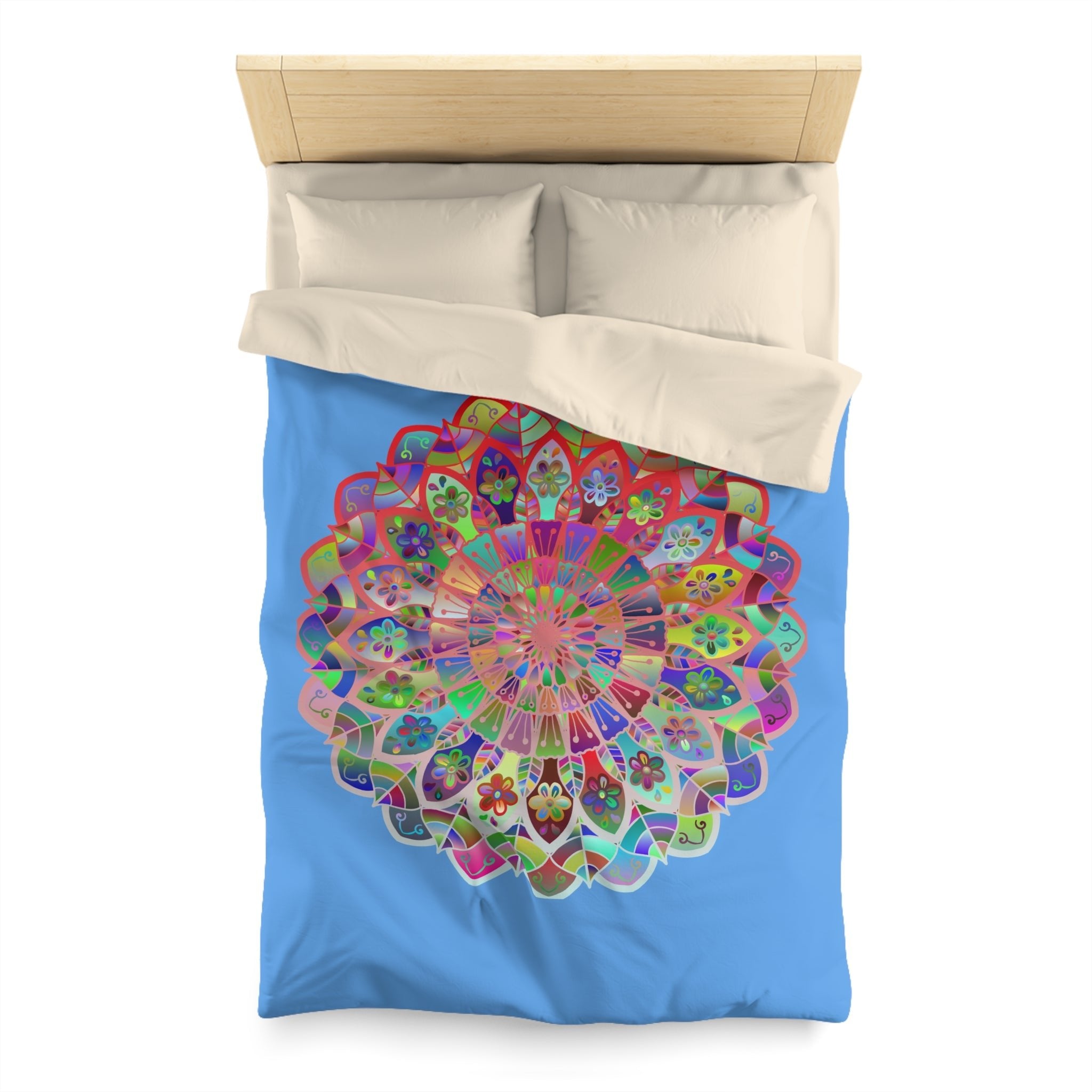 Microfiber Duvet Cover Mandala Art Drawn by Hand - Colorful Mandala on Light Blue background - Blululi