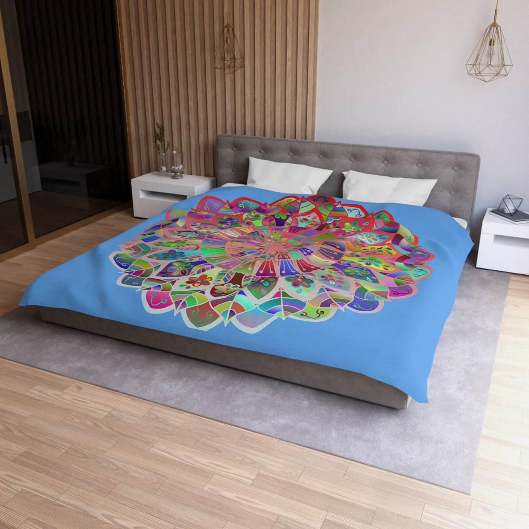 Microfiber Duvet Cover Mandala Art Drawn by Hand - Colorful Mandala on Light Blue background - Blululi