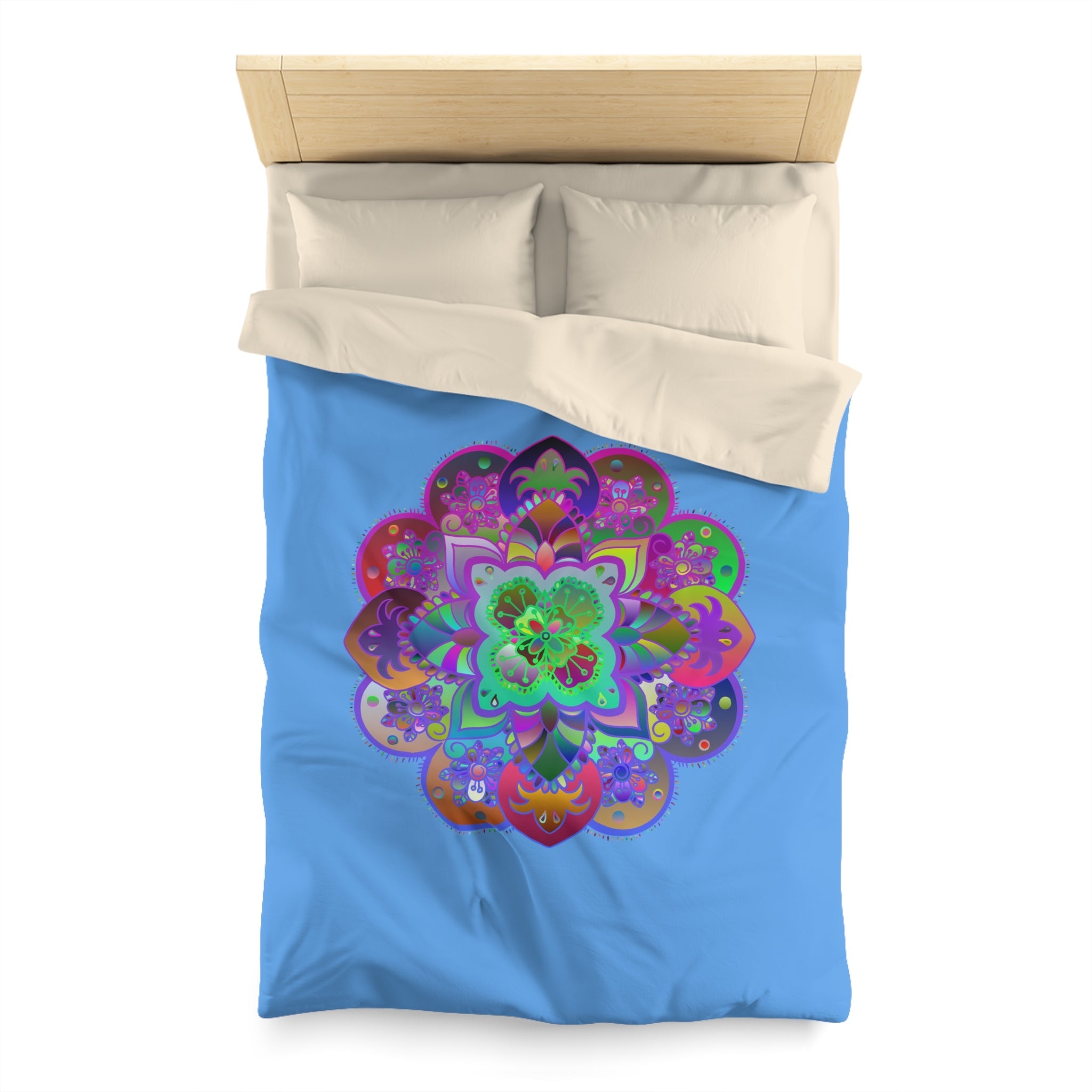 Microfiber Duvet Cover Mandala Art Drawn by Hand - Colorful Mandala on Light Blue background - Blululi