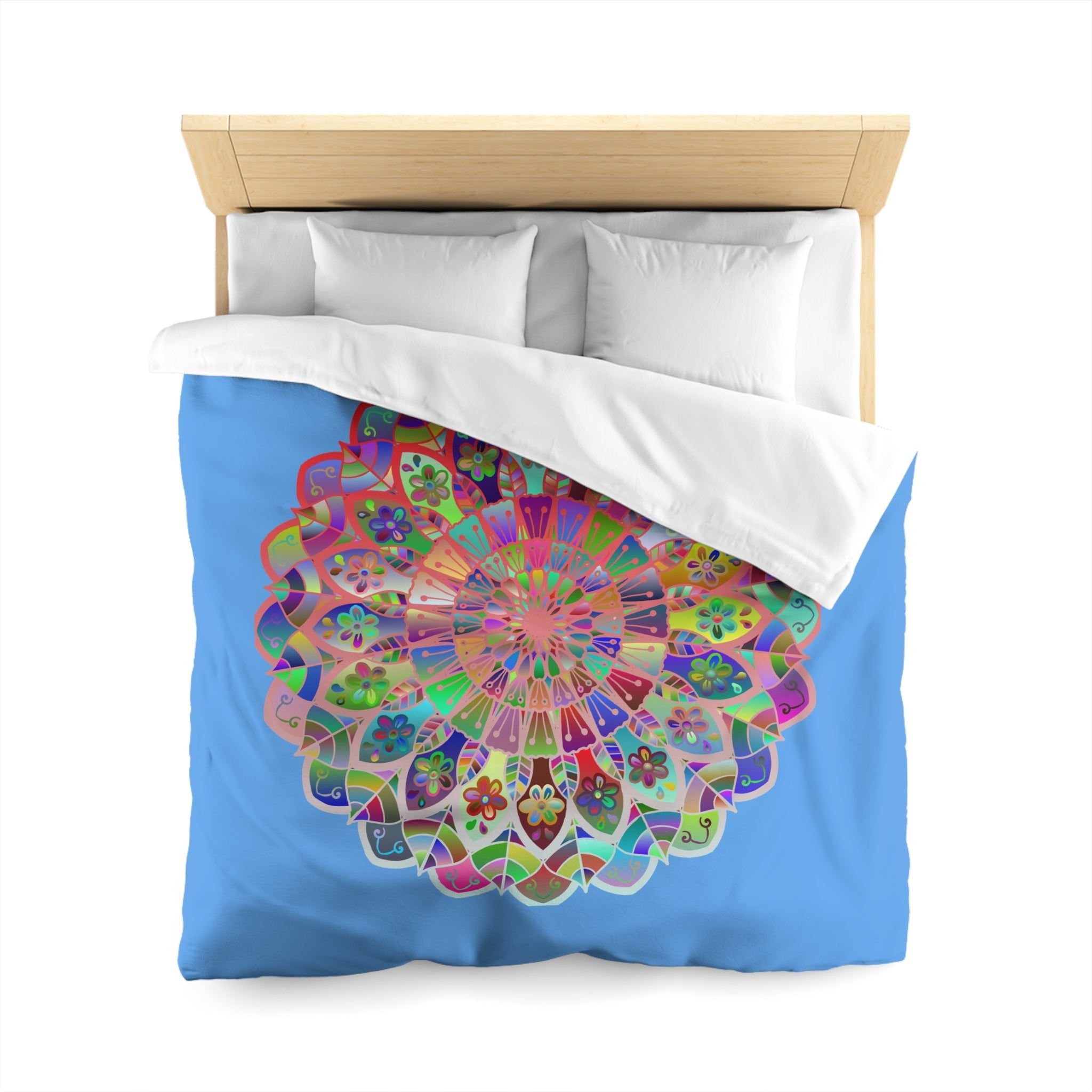 Microfiber Duvet Cover Mandala Art Drawn by Hand - Colorful Mandala on Light Blue background - Blululi