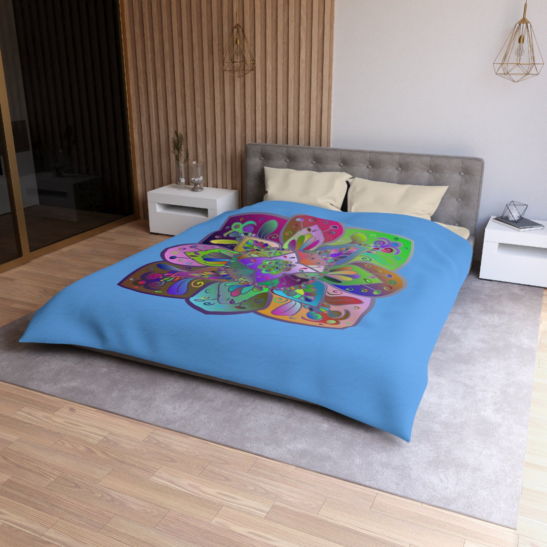 Microfiber Duvet Cover Mandala Art Drawn by Hand - Colorful Mandala on Light Blue background - Blululi