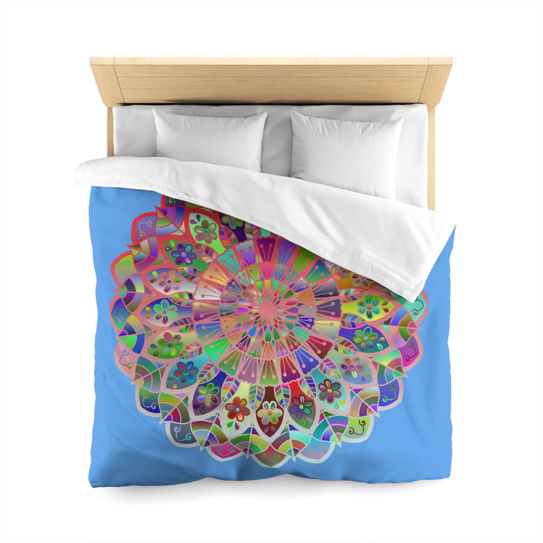 Microfiber Duvet Cover Mandala Art Drawn by Hand - Colorful Mandala on Light Blue background - Blululi